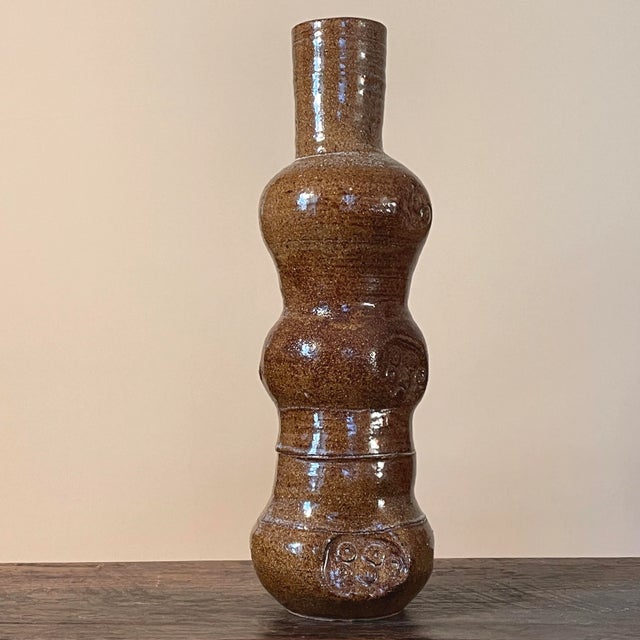 Geraldine Shapiro - Vintage Postmodernist Bulbous Speckle Glazed Vase, Signed (ca. 1970). Circular detail stamped along...