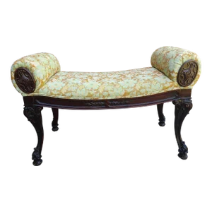 Carved Mahogany and Upholstered Rolled Arms Bench