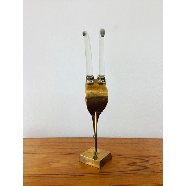 Metal Vintage 1980s Brass & Glass Horns Rams Head Gazelle Statue For Sale - Image 7 of 7