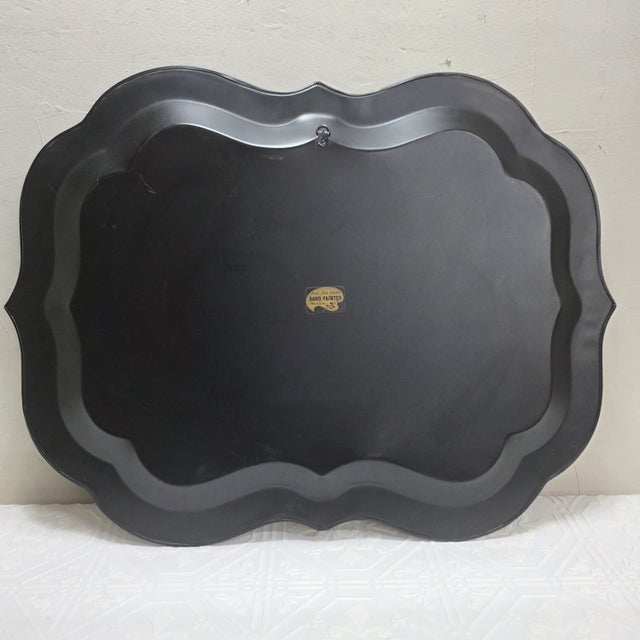 Large 1950s Hand Painted Toleware Tray Black Metal Floral Serving Tole Fine Arts Studio For Sale - Image 14 of 14