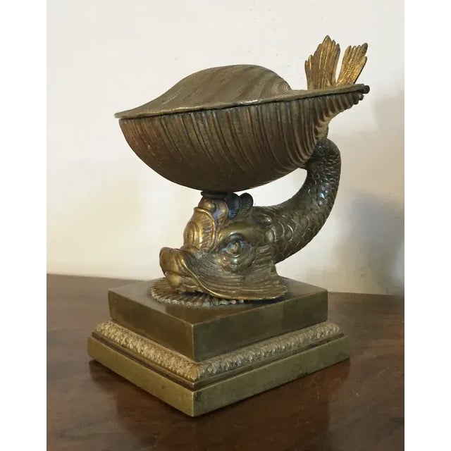 Bronze Antique 19th Century French Empire Gilt Bronze Dolphin & Sea Shell Inkwell For Sale - Image 8 of 13