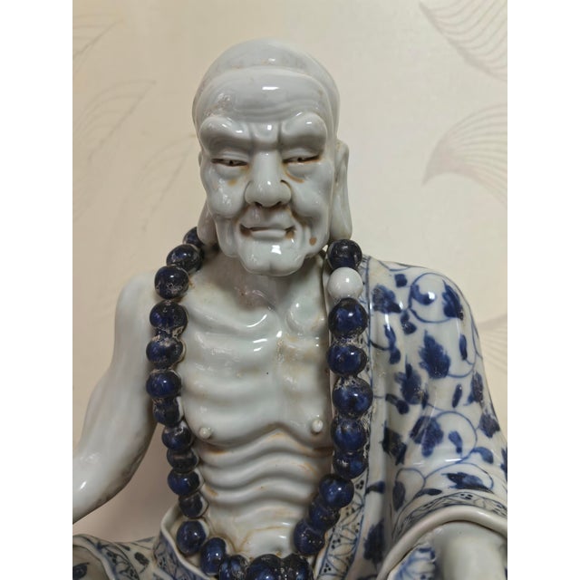 Chinese Vintage Ceramic Buddhist Sculpture,Hand Carved Blue and White Porcelain the Eighteen Arhats Statue For Sale In Seattle - Image 6 of 10