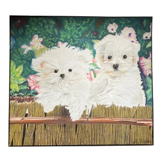 1970’s Original Pastel Drawing 2 Maltese Puppies in Garden Signed For Sale
