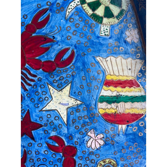 1990s Colorful Handpainted Square Tray With Sea Creatures For Sale - Image 5 of 9