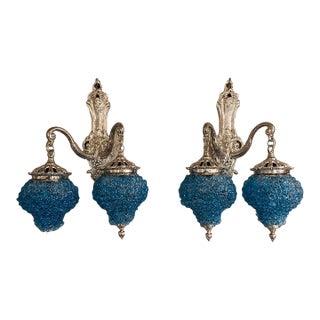 1990s French Artisan Louis XVI Silver Bronze Wall Lamps Sconces-Pair For Sale
