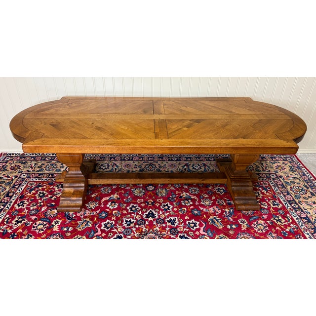 Antique French Country Dining Table Farmhouse Pedestal Trestle Honey Oak 1930s For Sale - Image 4 of 18