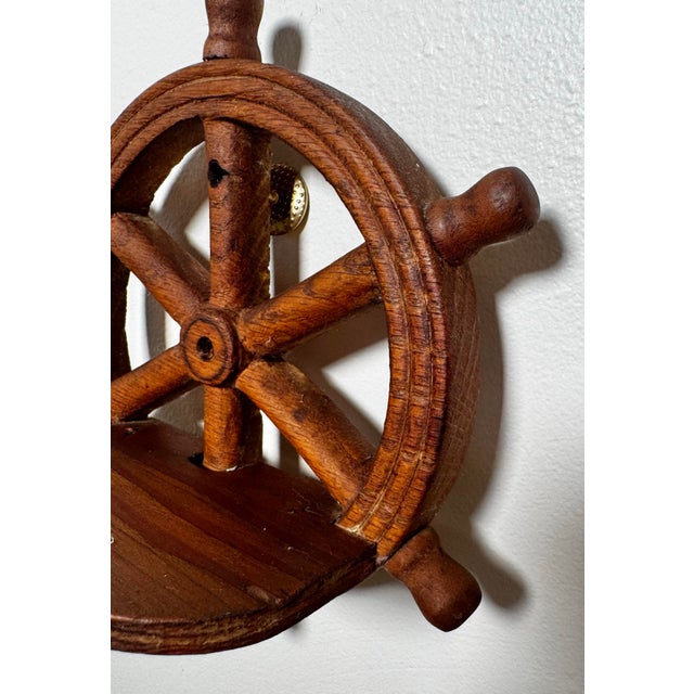 Wood Vintage Nautical/Coastal Solid Wood Ship Wheel Wall Shelves, a Pair For Sale - Image 7 of 9