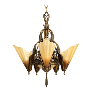 1930s Mid-West Mfg. Soleure Series Art Deco 6-Light Slip Shade Chandelier in Cast Bronze For Sale