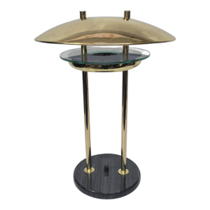Vintage Post Modern Flying Saucer Style Gold Chrome Marble Base Table Lamp