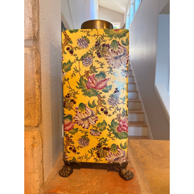 Vintage Set of 2 Large Yellow Gold Paw Footed Garden Urn Jars Brass Caps For Sale - Image 15 of 18