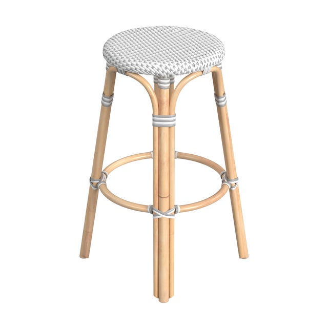 2020s Tobias 30 in. Seat Height Round Rattan Backless Bar Stool, White/Gray Dot / Natural Rattan Frame For Sale - Image 5 of 8