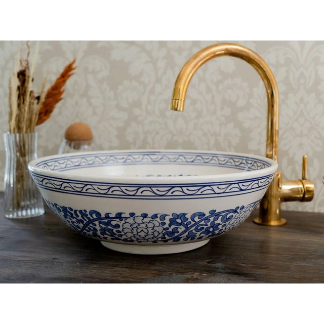 Contemporary Moroccan Bathroom Handmade Vanity Sink Bowl, Ceramic For Sale - Image 3 of 5