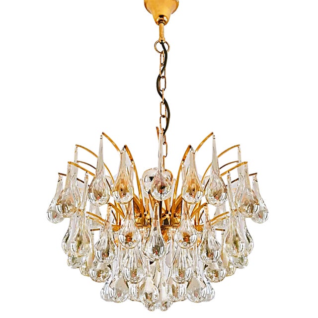 Brass Chandelier with Glass Drops by Christoph Palme, 1970s For Sale