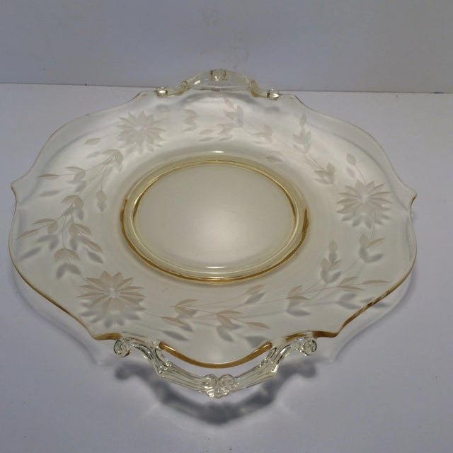 1930's Depression Era Glass platter by Lancaster. Beautiful handles and etched floral design.
