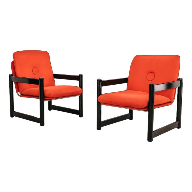Pierrot Armchairs in Lacquered Wood and Red Fabric from Schirolli, 1980s, Set of 2 For Sale