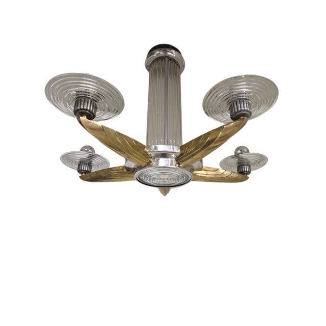 Early 20th Century Petitot Signed Bronze, Nickel, Aluminum, Glass Five Arm Skyscraper Chandelier For Sale - Image 16 of 18