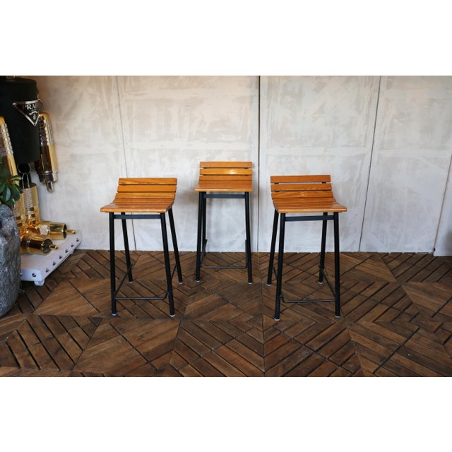 Black Set of Three Mid-Century Modern Oak & Steel Bar Stools, 1960s For Sale - Image 8 of 18