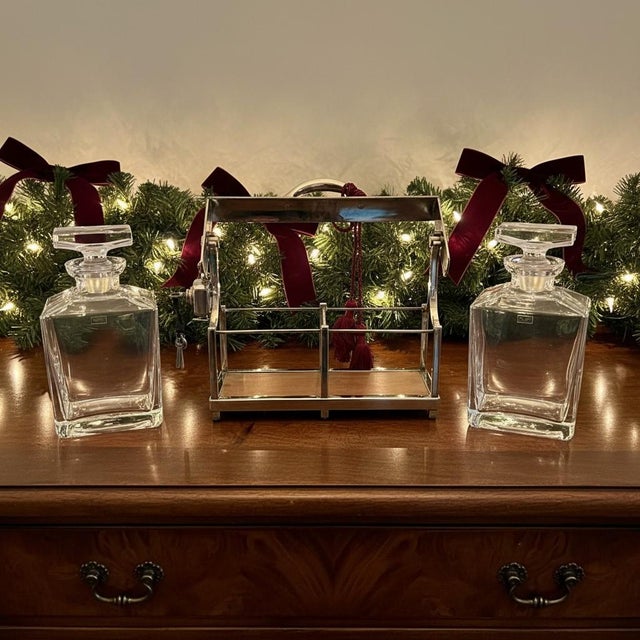 Contemporary Restoration Hardware Sloane Crystal Decanter Set-Silverplate Locking Caddy-Key For Sale - Image 3 of 10