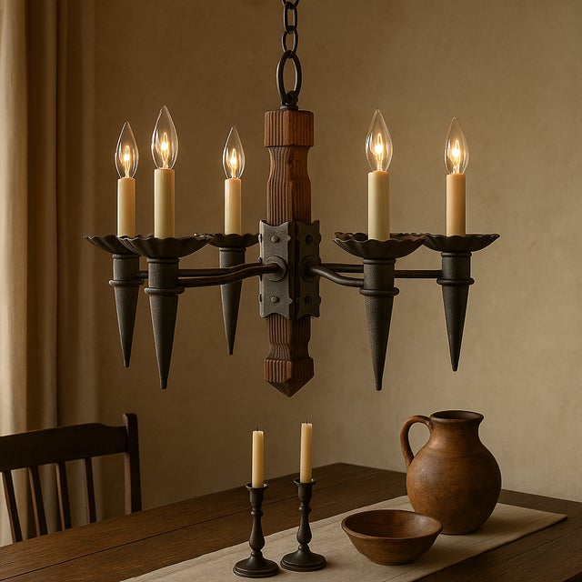 Spanish Revival 6-Light Iron & Wood Chandelier Gothic Arts & Crafts Rustic Castlecore Light For Sale - Image 15 of 15