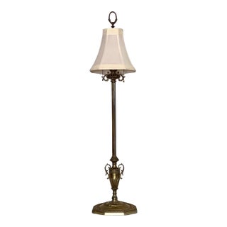 Antique French Neoclassical Tall Columnar Gilt Iron Two Light Table Lamp For Sale