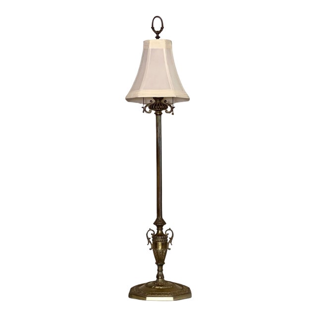 Antique French Neoclassical Tall Columnar Gilt Iron Two Light Table Lamp For Sale