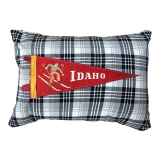 Idaho Ski Vintage Pennant on New Woven Plaid Throw Pillow For Sale