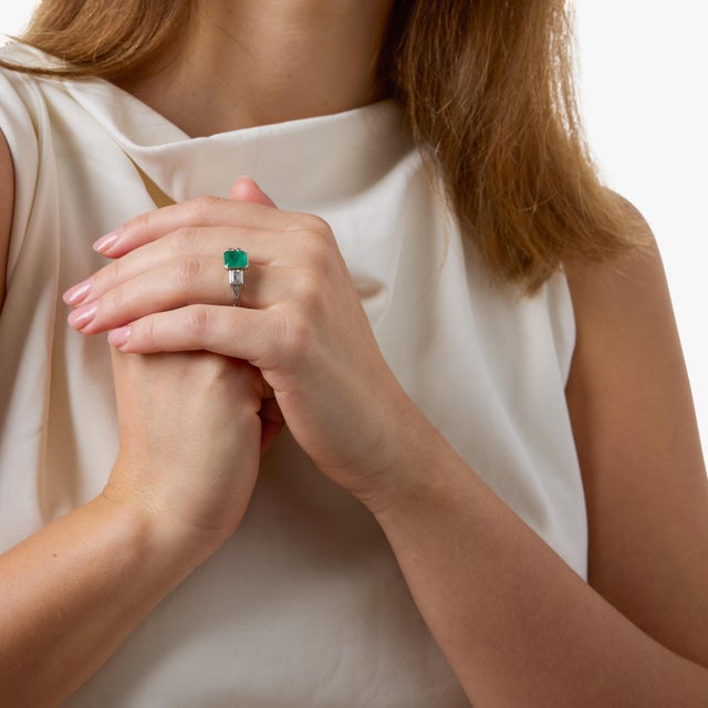1920s 1920s Art Deco Inspired 1.97 Carat Emerald Diamond Platinum Ring, Size 5.5 For Sale - Image 5 of 6