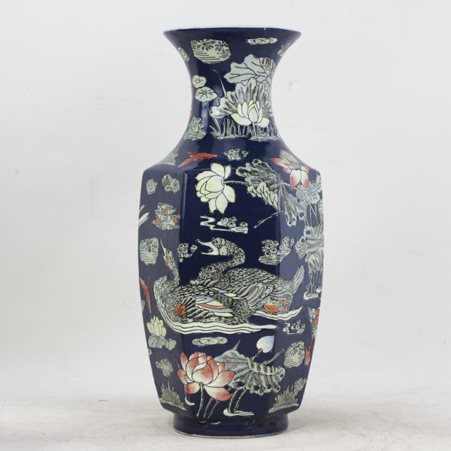Pair of Chinese Mid-20th Century Famille Rose Cobalt Blue Hexagonal Vases For Sale - Image 4 of 14