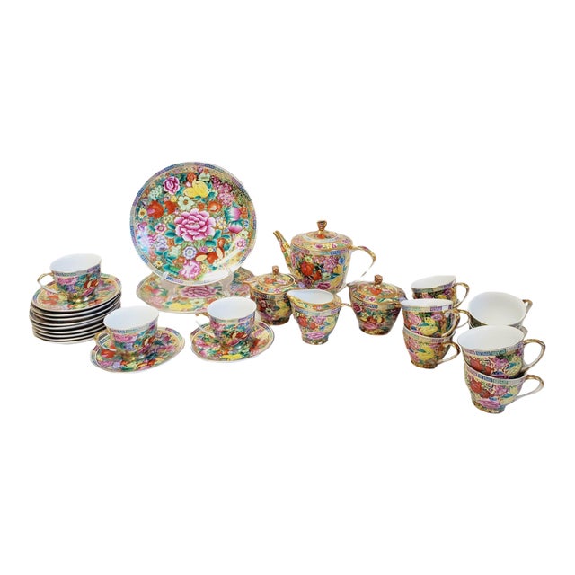 Vintage Mid Century Chinese Millefleur Thousand Flowers Famille Rose Porcelain Tea Service - 28 Pieces For Sale