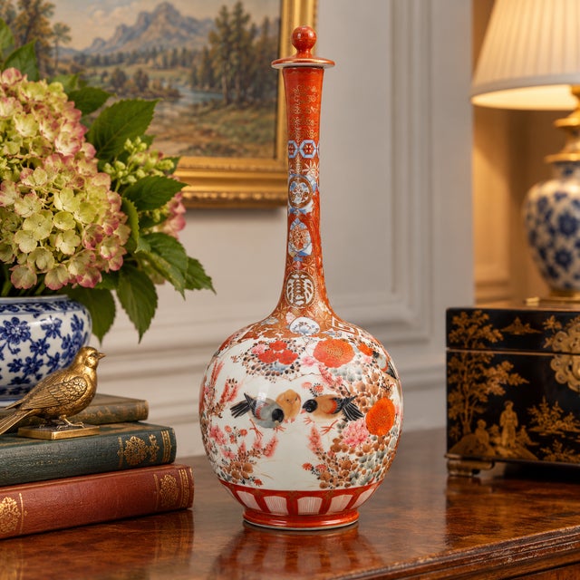 Japanese Antique Japanese Meiji Kutani Porcelain Covered Bottle Vase With Hand-Painted Birds & Flowers For Sale - Image 3 of 10