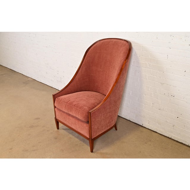 John Widdicomb John Widdicomb Modern Art Deco Cherry Wood High Back Upholstered Tub Chair or Slipper Chair For Sale - Image 4 of 16