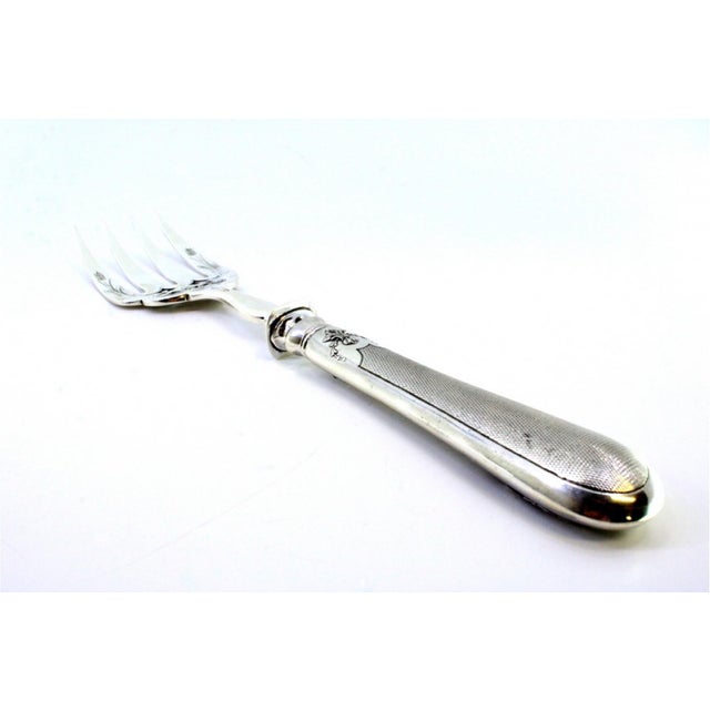 Metal Silver Fish Serving Fork with Reliefs, Engravings, Monogram Card and Guilloche Handle For Sale - Image 7 of 8