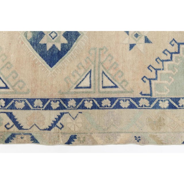 Textile Handmade Beige and Blue Oushak Wool Runner Rug For Sale - Image 7 of 11