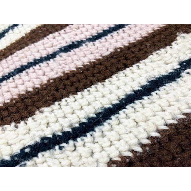 Vintage retro large hand crocheted traditional stripe afghan / blanket / throw in subtle natural colors with tassels. The...
