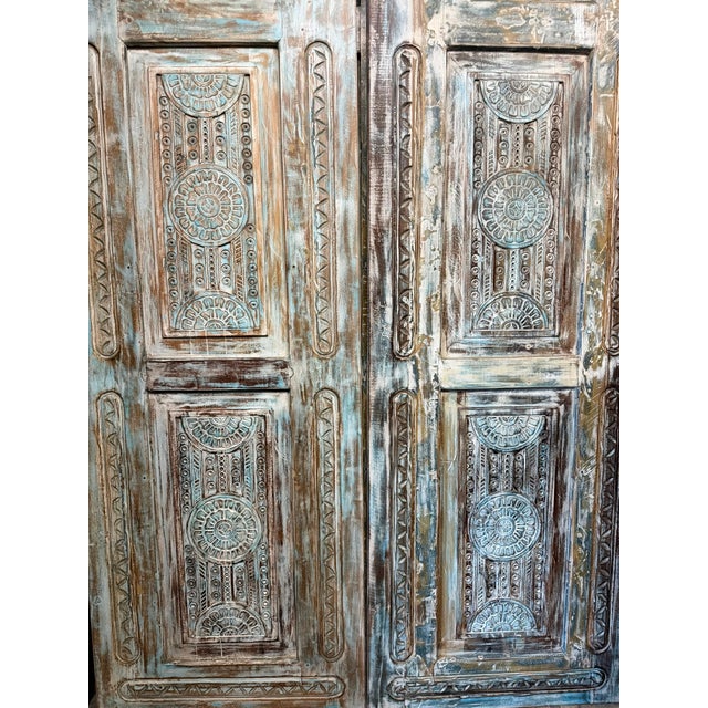 Antique Carved Wooden Door in Distressed Blue | Floral Indian Bedroom Entry Doors 96x31.5 For Sale In Orlando - Image 6 of 10