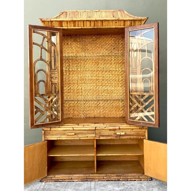 Vintage Chinoiserie Pagoda Rattan China Cabinet For Sale - Image 12 of 12