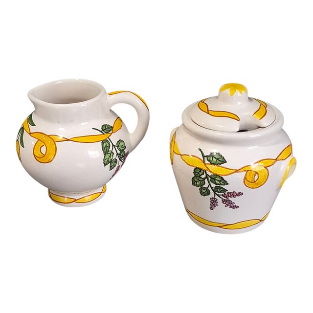 Vintage Hand Painted Casa Fina Pottery Made in Portugal Creamer & Sugar Set Signed For Sale