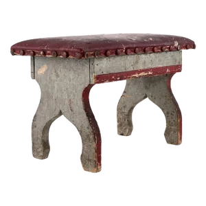 Vintage 1930s Distressed Folk Art Wood Painted Gray Wood Riveted Dark Red Vinyl Foot Stool