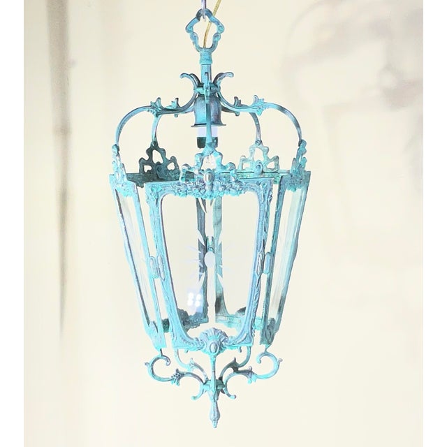 Antique Style Solid Brass Hanging Hallway Lantern W/ Etched Starburst Glass For Sale - Image 14 of 16