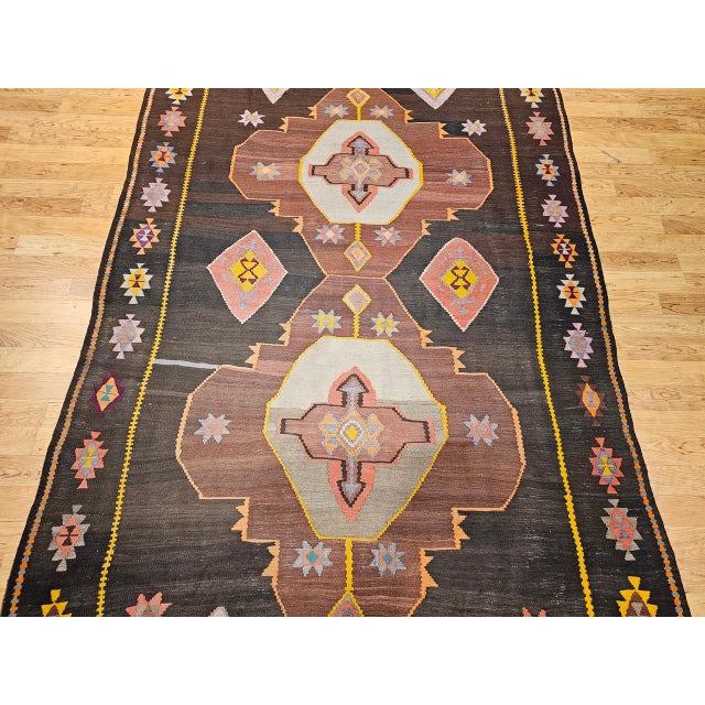 Vintage Turkish Kilim Rug, Handwoven Wool, Chocolate Brown, Pale Green, 7x11 For Sale - Image 9 of 15