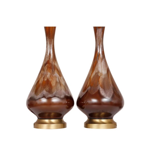 Mid 20th Century Brown Drip Glaze Ceramic Table Lamps - a Pair For Sale - Image 5 of 11