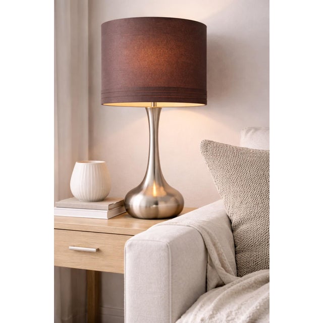 Metal Pair of Contemporary Brushed Nickel Table Lamps With Original Chocolate Brown Drum Shades – 23” For Sale - Image 7 of 8