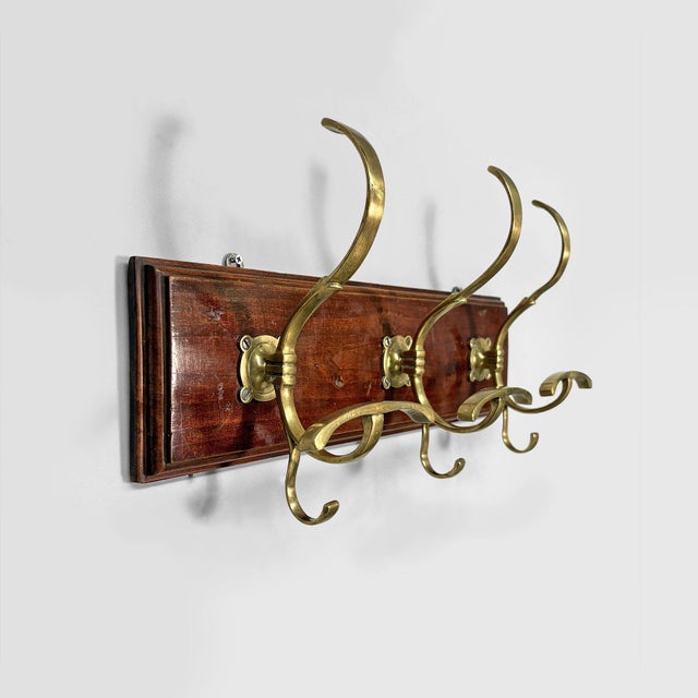 Italian Art Nouveau Wall Coat Rack in Wood and Brass, 1920s For Sale - Image 10 of 10