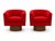Pair of modern club chairs with walnut base. The chairs swivel. The chairs are done in a red chenille.The bases are walnut...