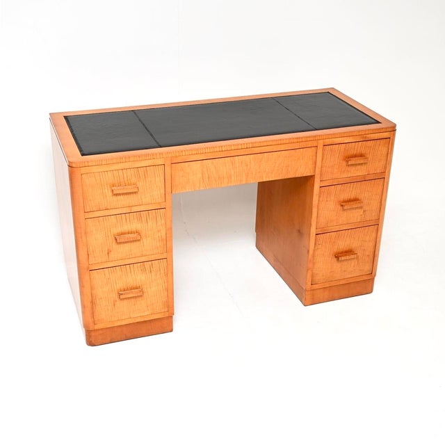 Art Deco Satin Birch Leather Top Pedestal Desk, 1930 For Sale - Image 11 of 11
