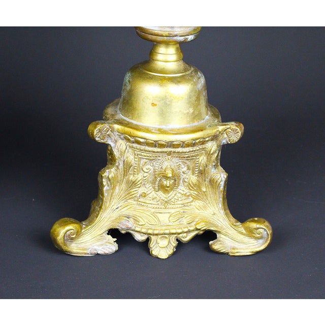 Art Nouveau Antique Large Heavy Tall Ornate Candlestick Holders Pair Solid Brass 25 in Tall For Sale - Image 3 of 7