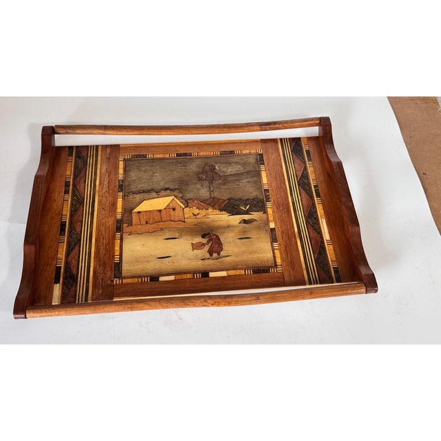 1950s French Wooden Marquetry Tray with Craftwork Winter Scene, 1950s For Sale - Image 5 of 16