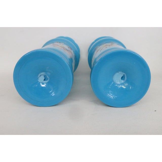 Turquoise Turquoise Blue Opaline Glass Vase Pair of 2 With Hand Painted Floral Motif 5071b For Sale - Image 8 of 11