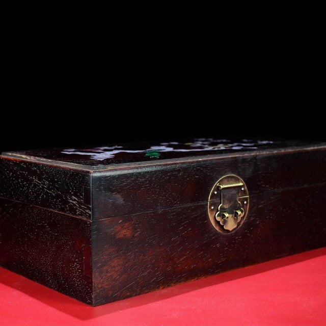 Wood Vintage Chinese Rosewood Box With Mother of Pearl "Bird on Branch" Inlay For Sale - Image 7 of 9