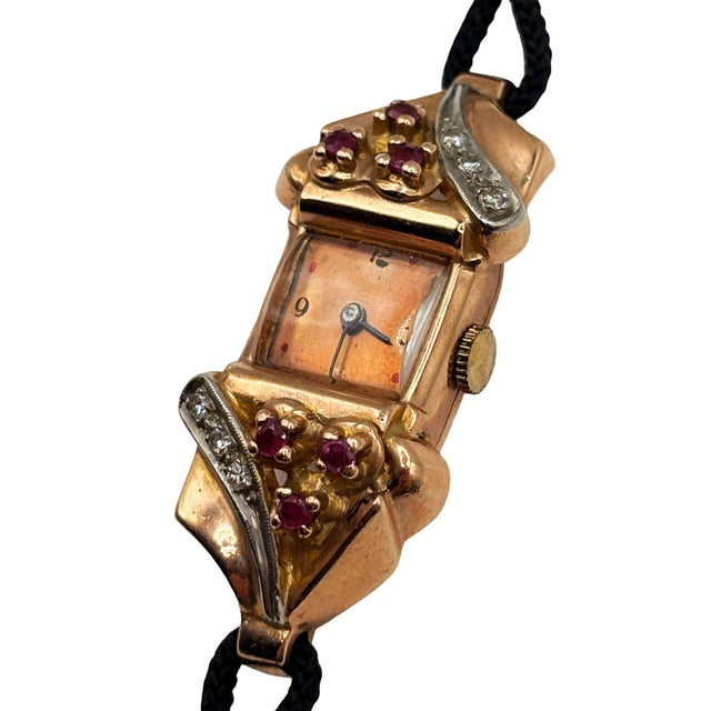 1940s Women's 14k Gold Wristwatch W/ Ruby & Diamond Accents by Jacoby-Bender For Sale - Image 11 of 16